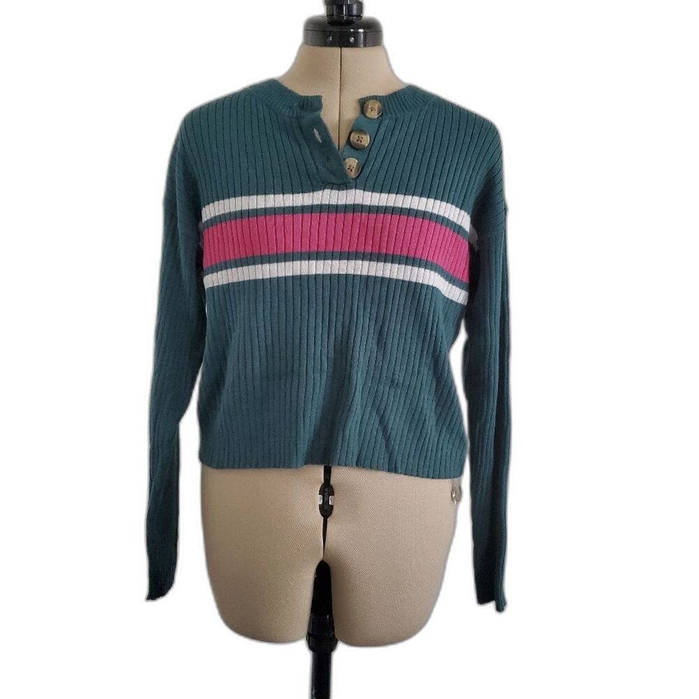 NWT American Eagle Women's Sweater XS Green White Pink Crop Cotton Blend Striped